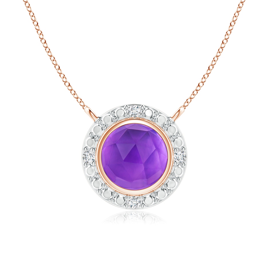 5mm AAA Bezel-Set Round Amethyst Necklace with Beaded Halo in Rose Gold 