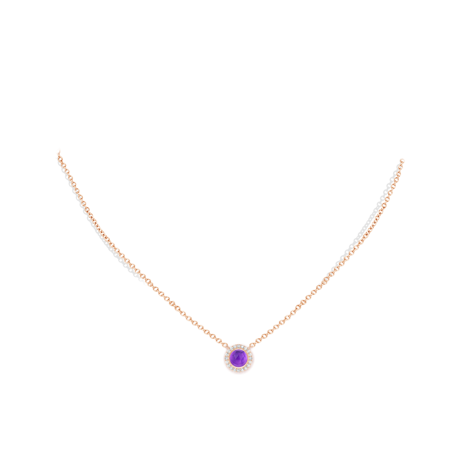 5mm AAA Bezel-Set Round Amethyst Necklace with Beaded Halo in Rose Gold pen