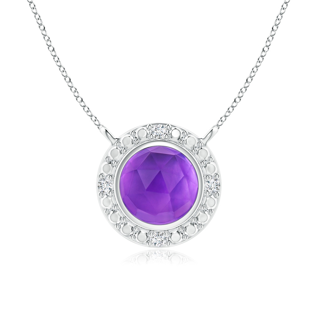 5mm AAA Bezel-Set Round Amethyst Necklace with Beaded Halo in White Gold