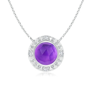 5mm AAA Bezel-Set Round Amethyst Necklace with Beaded Halo in White Gold