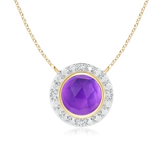 5mm AAA Bezel-Set Round Amethyst Necklace with Beaded Halo in Yellow Gold