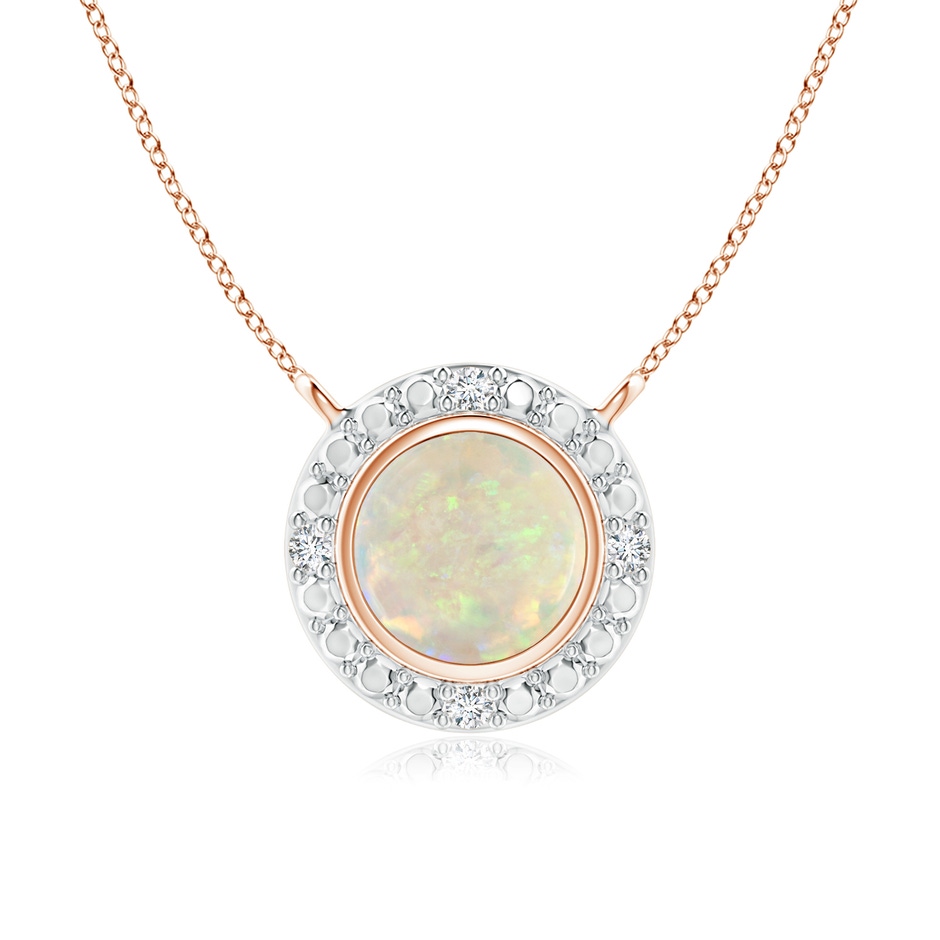 5mm AAA Bezel-Set Round Opal Necklace with Beaded Halo in 18K Rose Gold 