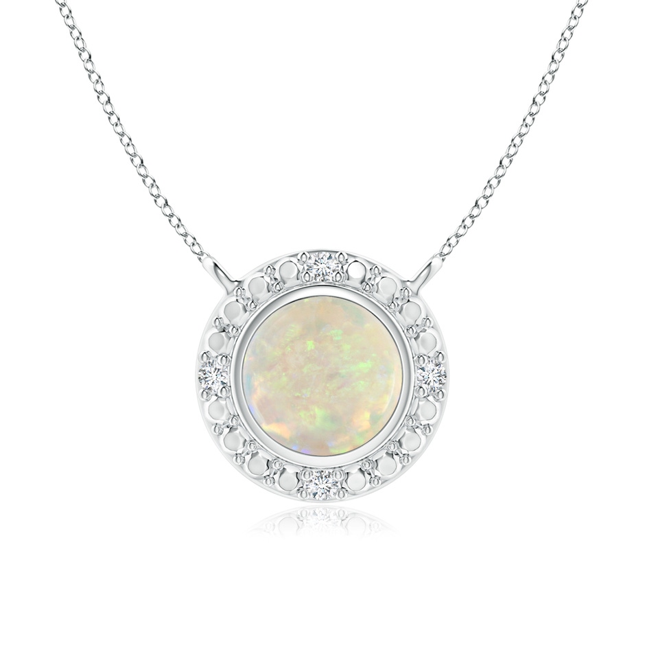 5mm AAA Bezel-Set Round Opal Necklace with Beaded Halo in 18K White Gold 