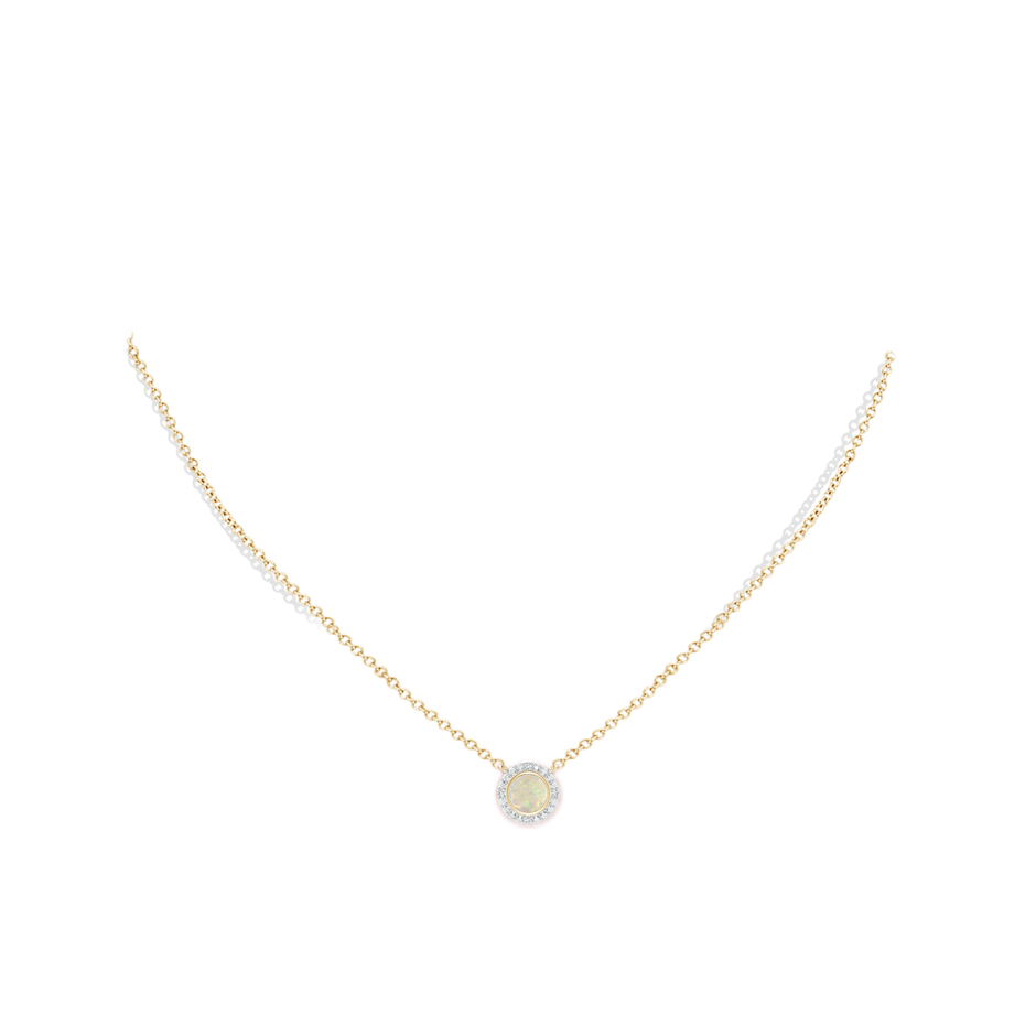 5mm AAA Bezel-Set Round Opal Necklace with Beaded Halo in 18K Yellow Gold pen