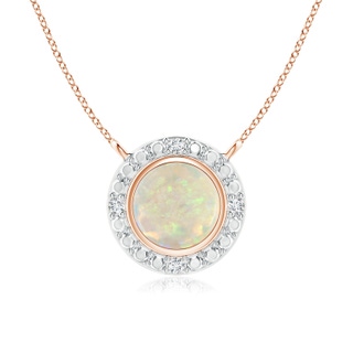 5mm AAA Bezel-Set Round Opal Necklace with Beaded Halo in Rose Gold