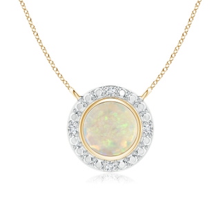 5mm AAA Bezel-Set Round Opal Necklace with Beaded Halo in Yellow Gold