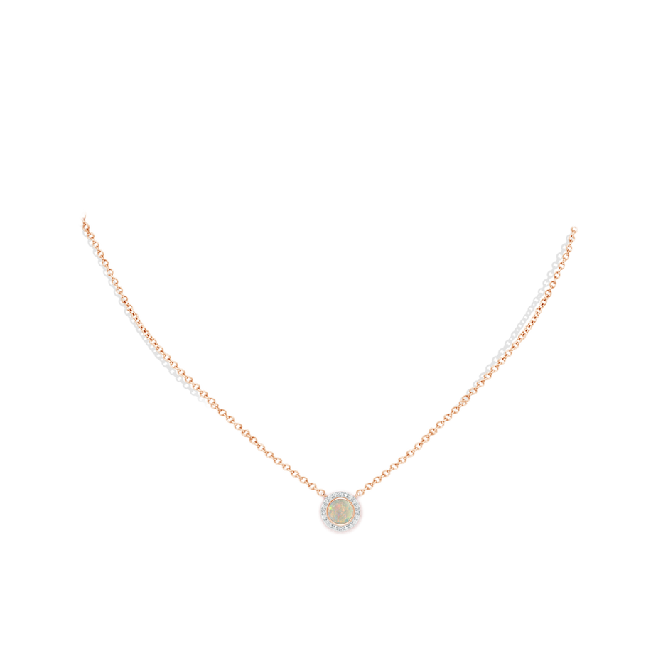 5mm AAAA Bezel-Set Round Opal Necklace with Beaded Halo in 18K Rose Gold pen