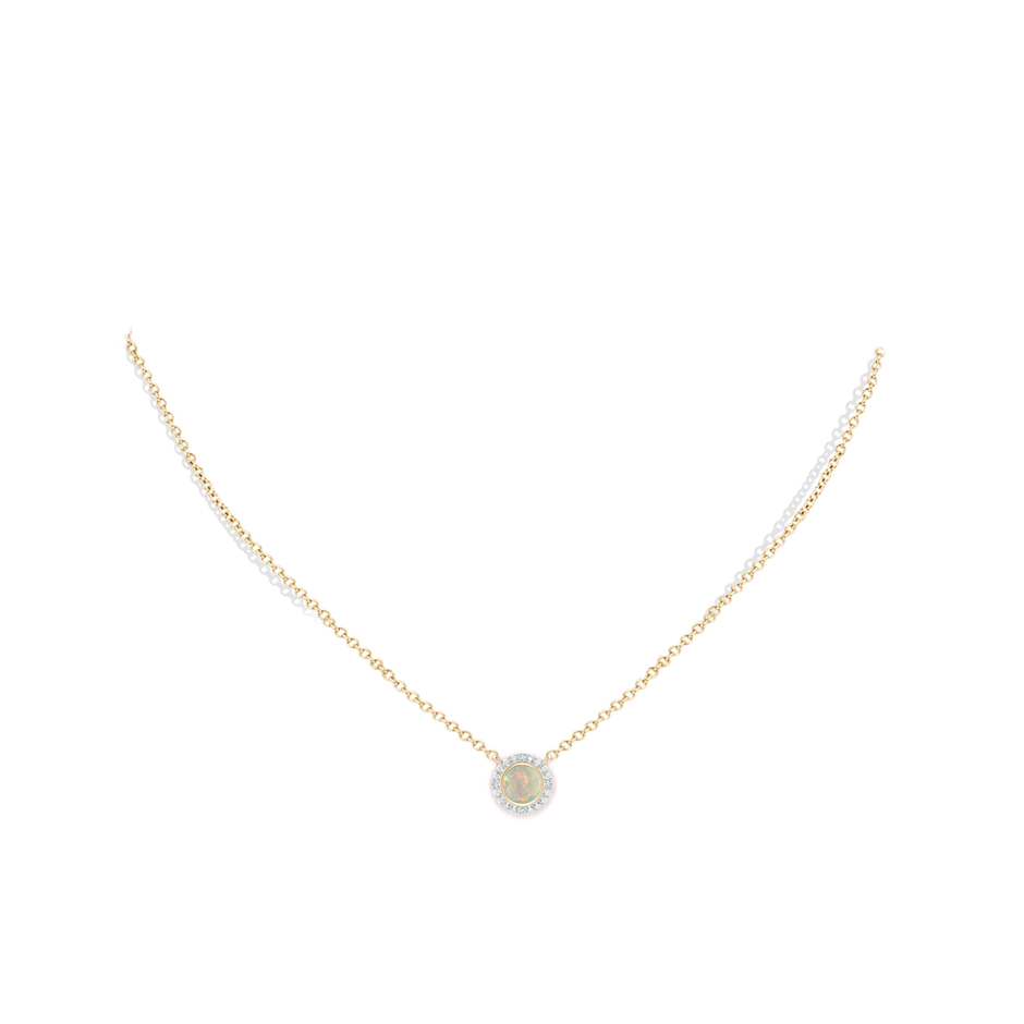5mm AAAA Bezel-Set Round Opal Necklace with Beaded Halo in 18K Yellow Gold pen