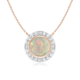 5mm AAAA Bezel-Set Round Opal Necklace with Beaded Halo in Rose Gold