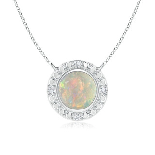 5mm AAAA Bezel-Set Round Opal Necklace with Beaded Halo in White Gold