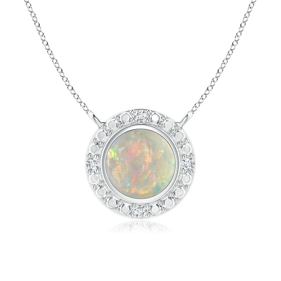 5mm AAAA Bezel-Set Round Opal Necklace with Beaded Halo in White Gold 