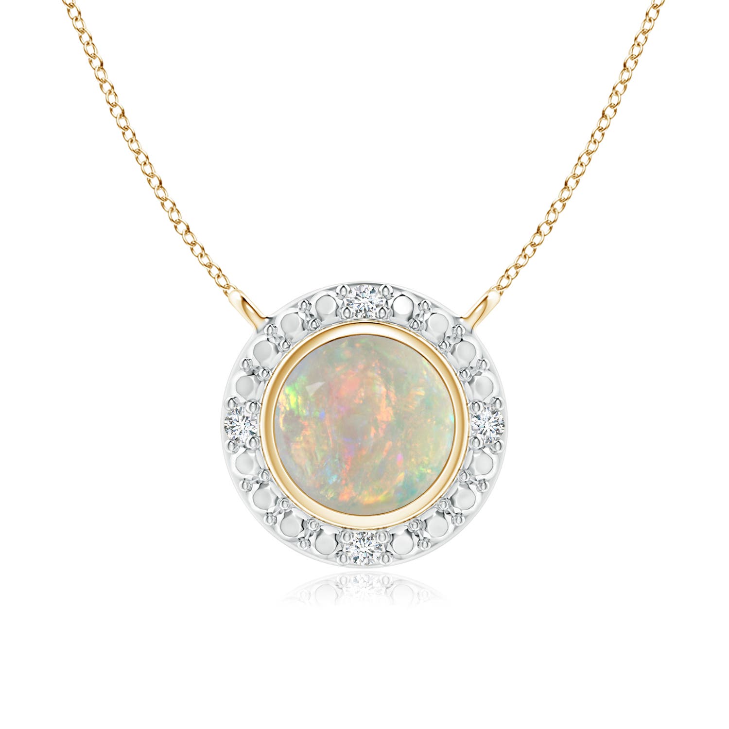 Bezel-Set Round Opal Necklace with Beaded Halo | Angara