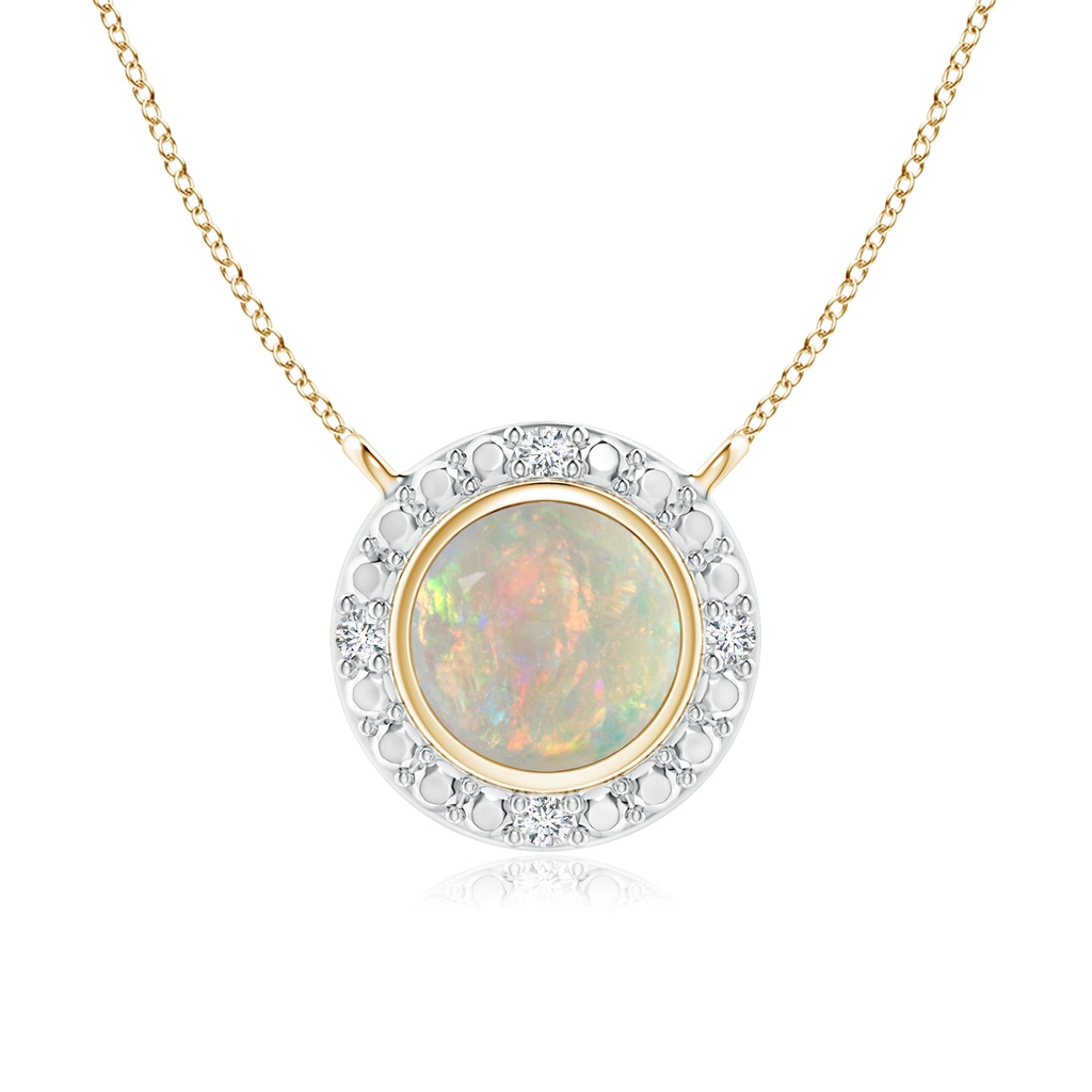 5mm AAAA Bezel-Set Round Opal Necklace with Beaded Halo in Yellow Gold