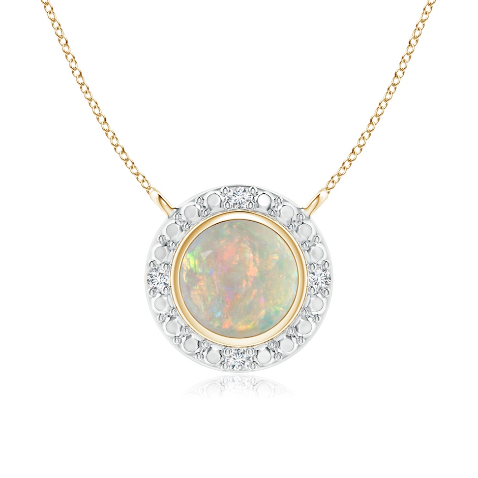 5mm AAAA Bezel-Set Round Opal Necklace with Beaded Halo in Yellow Gold 