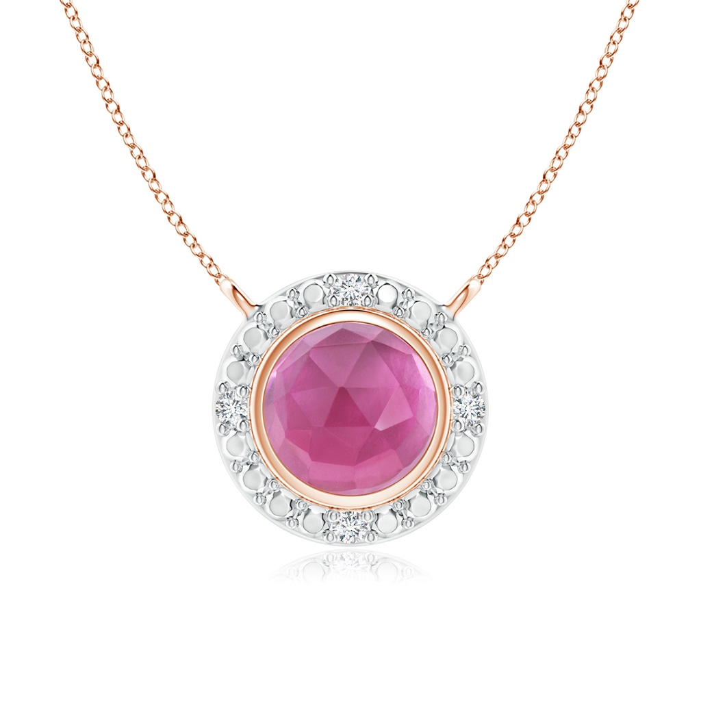 5mm AAA Bezel-Set Round Pink Tourmaline Necklace with Beaded Halo in Rose Gold