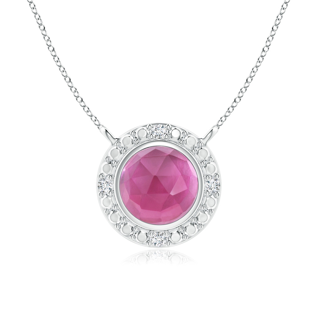 5mm AAA Bezel-Set Round Pink Tourmaline Necklace with Beaded Halo in White Gold
