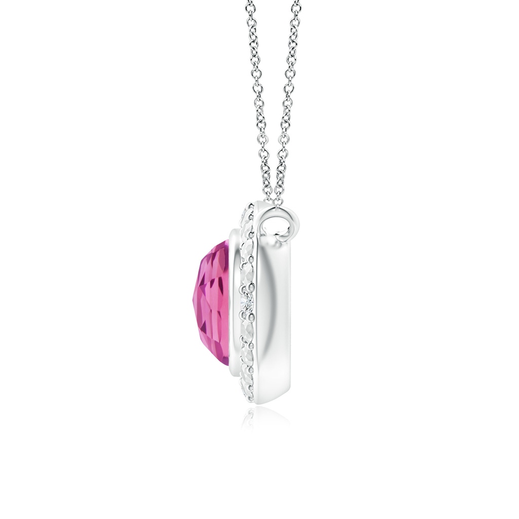 5mm AAA Bezel-Set Round Pink Tourmaline Necklace with Beaded Halo in White Gold Side 1