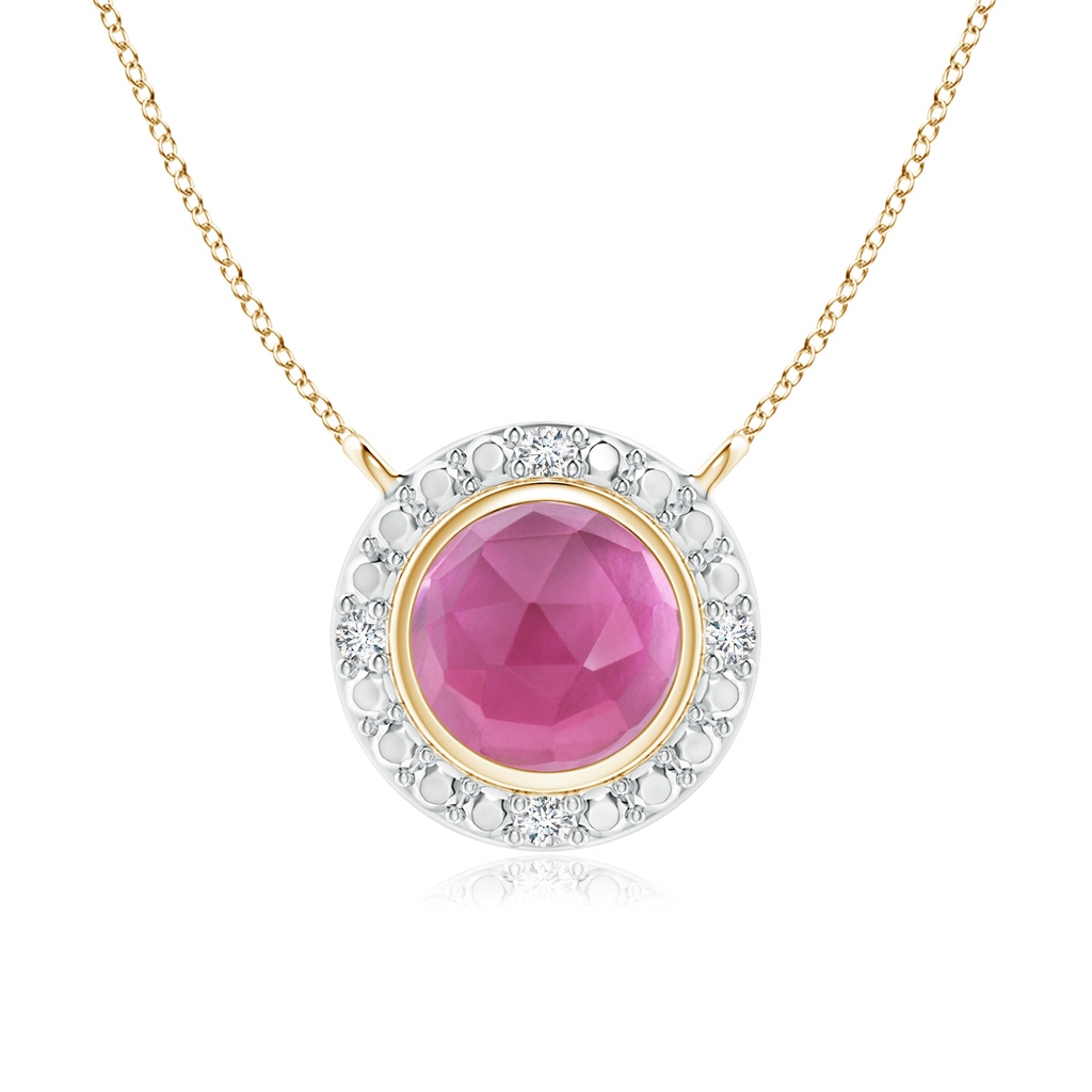 5mm AAA Bezel-Set Round Pink Tourmaline Necklace with Beaded Halo in Yellow Gold