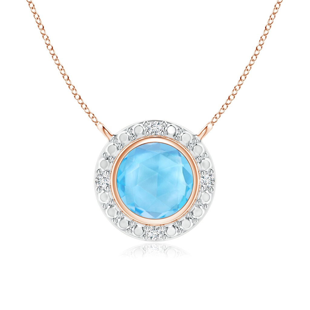 5mm AAA Bezel-Set Round Swiss Blue Topaz Necklace with Beaded Halo in Rose Gold