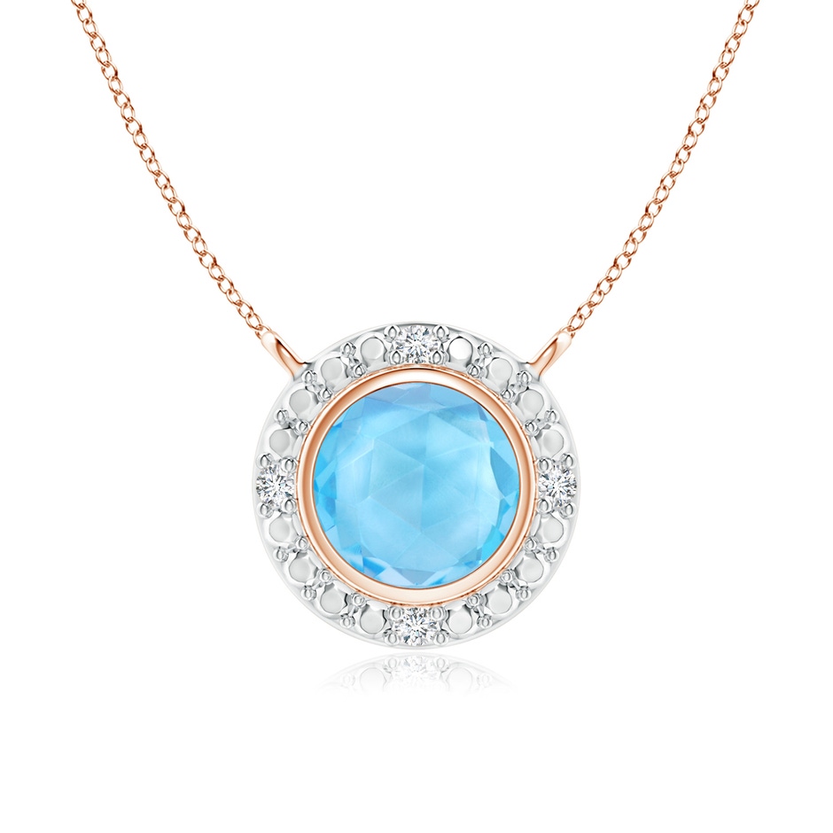 5mm AAA Bezel-Set Round Swiss Blue Topaz Necklace with Beaded Halo in Rose Gold 