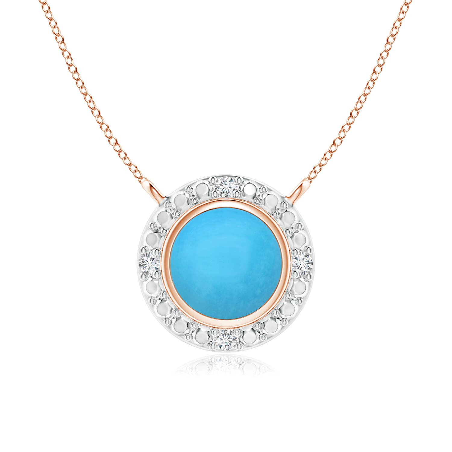 Angara 0.42 CTW Bezel-Set Round Turquoise Necklace with Beaded Halo in 14K Rose Gold