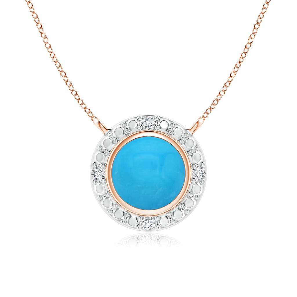5mm AAAA Bezel-Set Round Turquoise Necklace with Beaded Halo in Rose Gold
