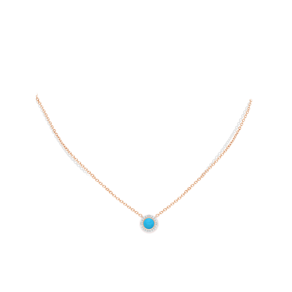 5mm AAAA Bezel-Set Round Turquoise Necklace with Beaded Halo in Rose Gold pen