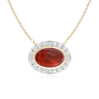 6x4mm AAA Bezel-Set Oval Garnet Beaded Halo Necklace in Yellow Gold