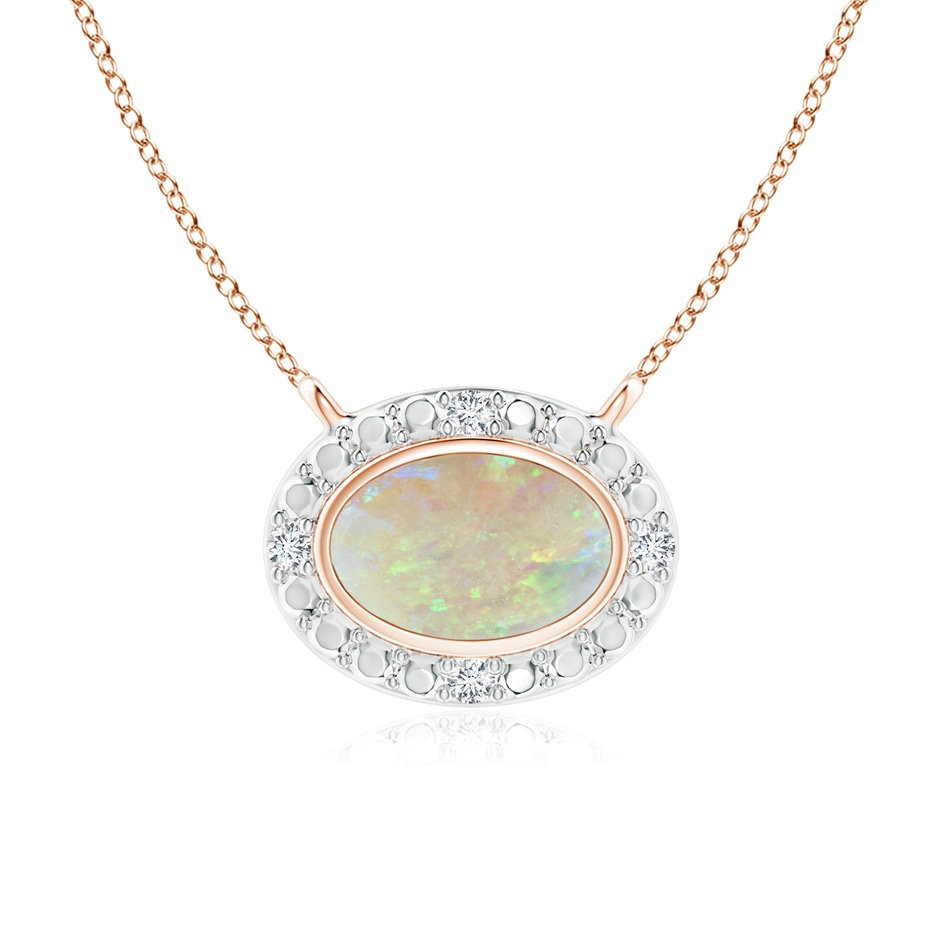 6x4mm AAA Bezel-Set Oval Opal Necklace with Beaded Halo in Rose Gold 