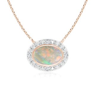 6x4mm AAAA Bezel-Set Oval Opal Necklace with Beaded Halo in Rose Gold