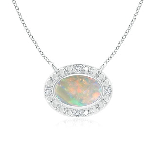 6x4mm AAAA Bezel-Set Oval Opal Necklace with Beaded Halo in White Gold