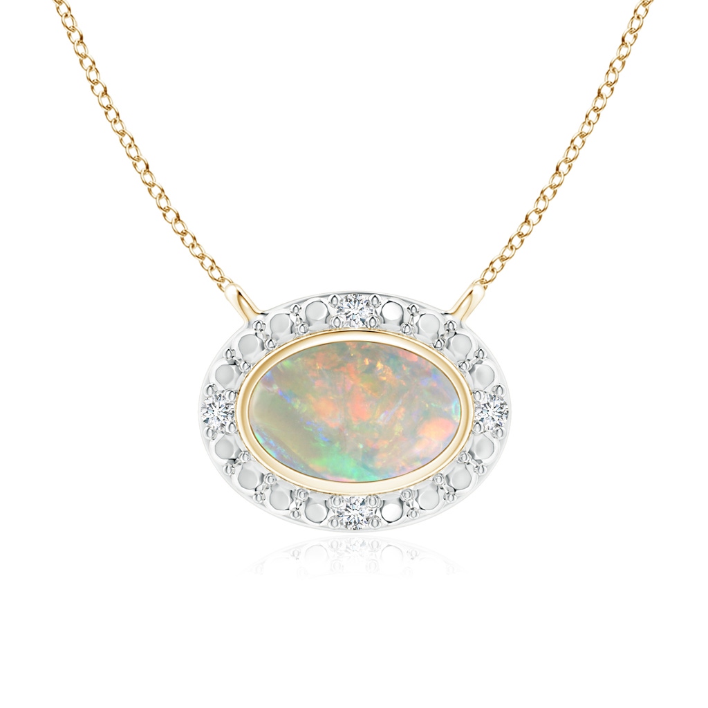 6x4mm AAAA Bezel-Set Oval Opal Necklace with Beaded Halo in Yellow Gold