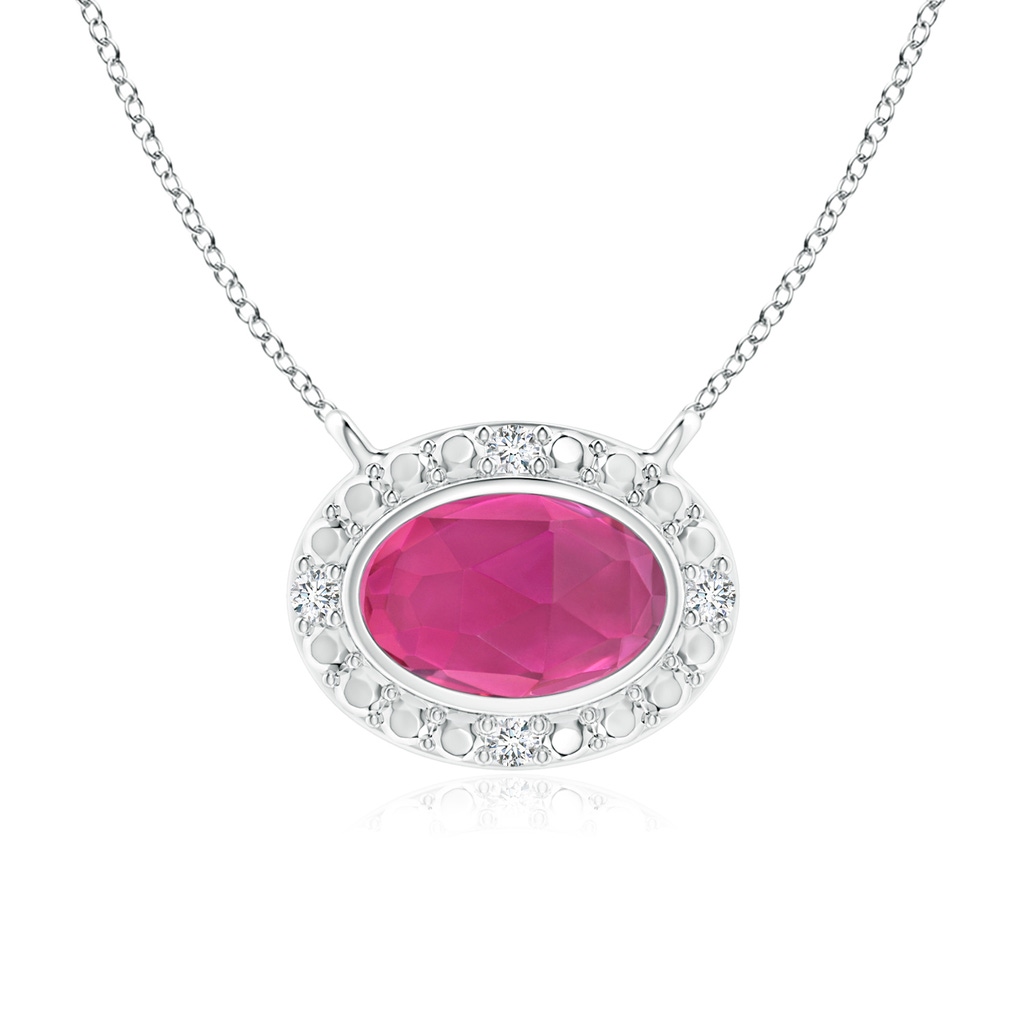 6x4mm AAA Bezel-Set Oval Pink Tourmaline Beaded Halo Necklace in White Gold