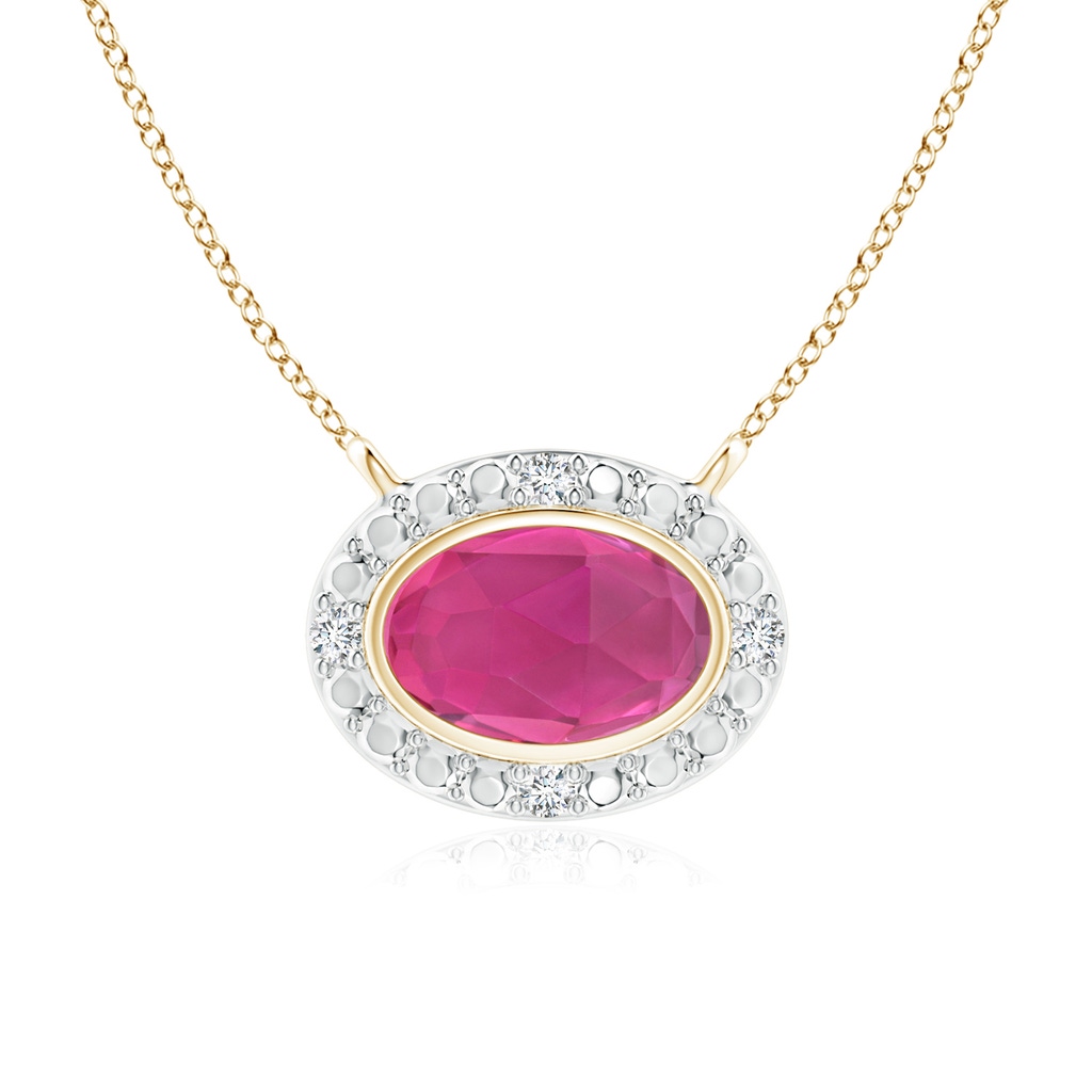 6x4mm AAA Bezel-Set Oval Pink Tourmaline Beaded Halo Necklace in Yellow Gold