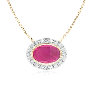 6x4mm AAA Bezel-Set Oval Pink Tourmaline Beaded Halo Necklace in Yellow Gold