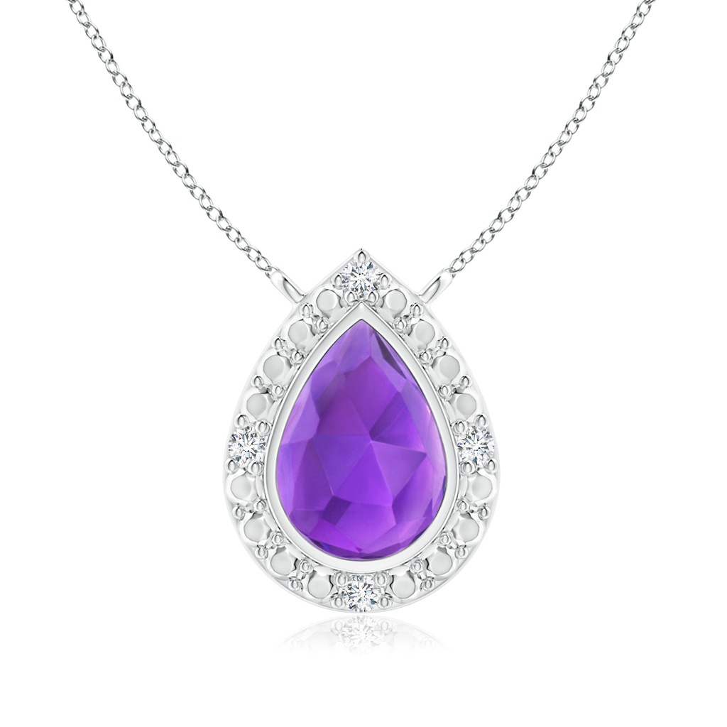 6x4mm AAA Bezel-Set Pear-Shaped Amethyst Necklace with Beaded Halo in White Gold