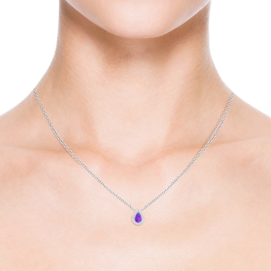 6x4mm AAA Bezel-Set Pear-Shaped Amethyst Necklace with Beaded Halo in White Gold body-neck