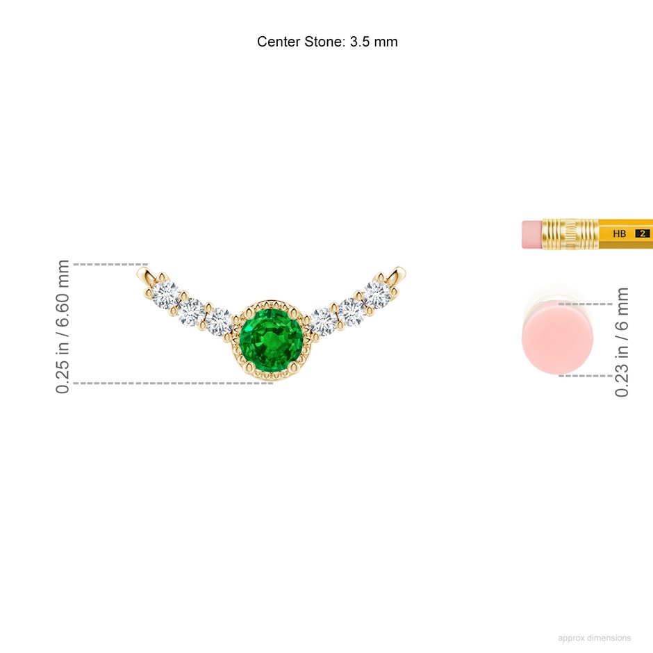 3.5mm AAAA Vintage Inspired Emerald and Diamond Curved Bar Pendant in 18K Yellow Gold ruler