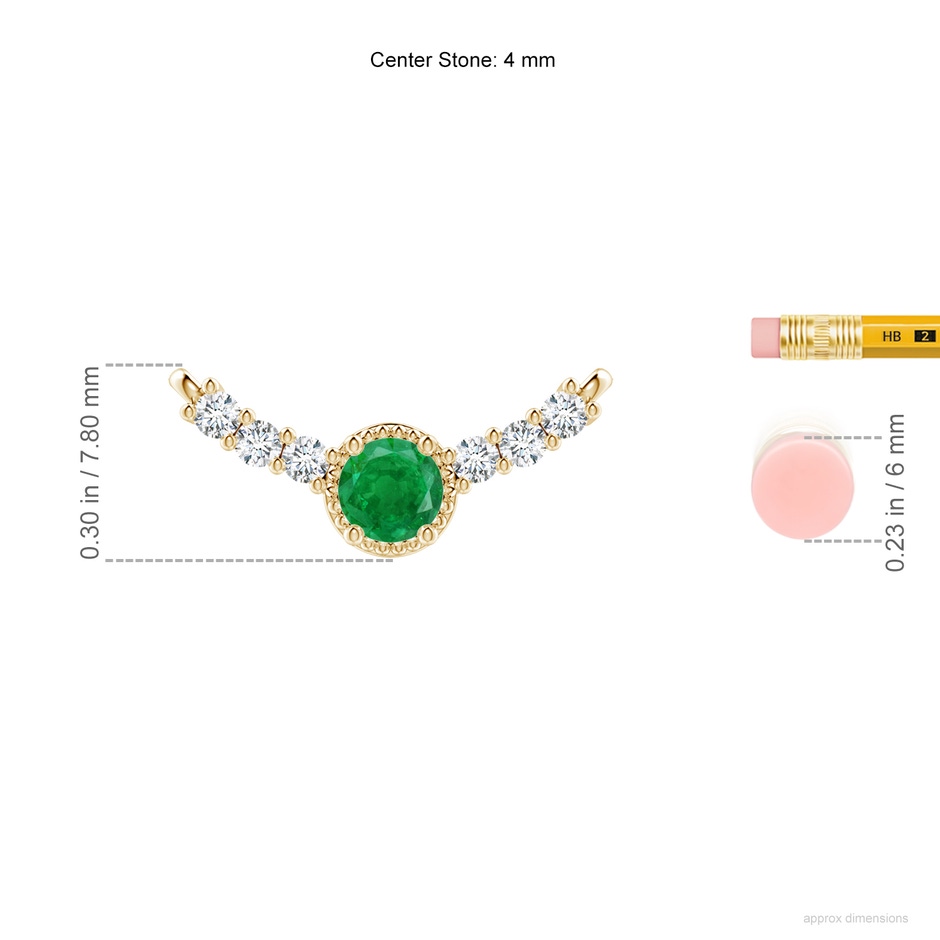 4mm AA Vintage Inspired Emerald and Diamond Curved Bar Pendant in 18K Yellow Gold ruler