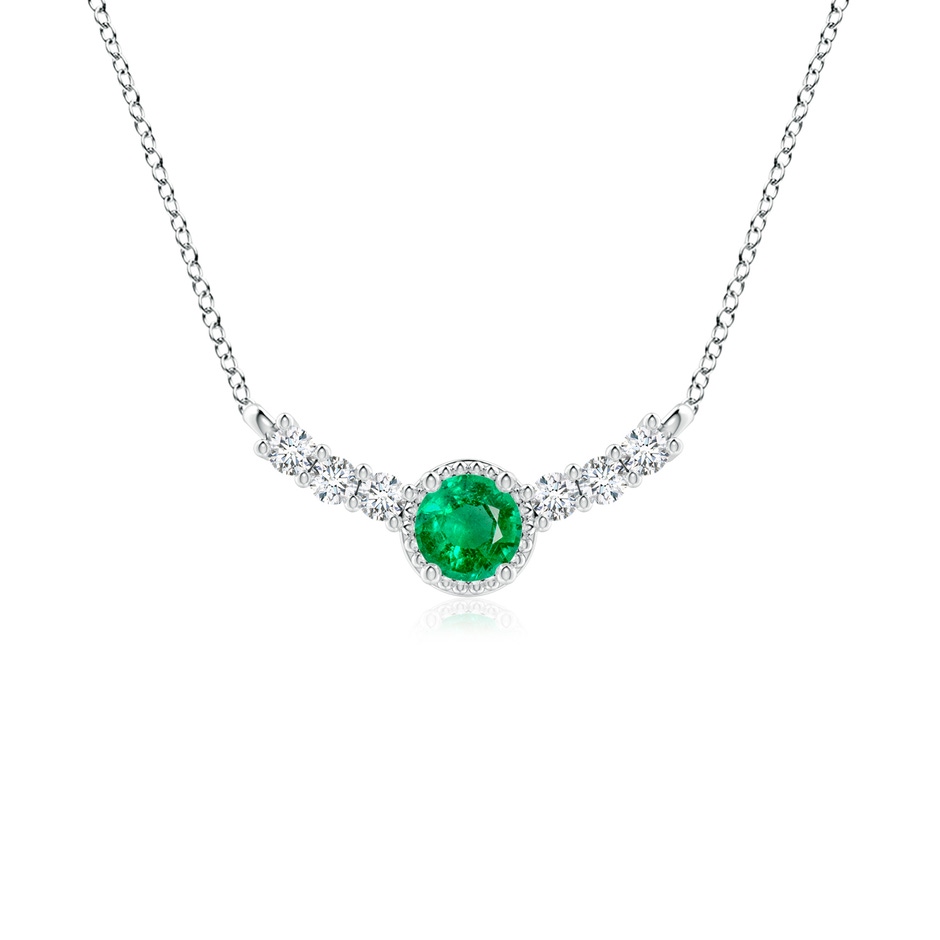 4mm AAA Vintage Inspired Emerald and Diamond Curved Bar Pendant in 18K White Gold 