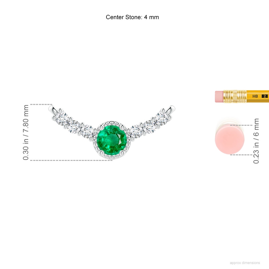 4mm AAA Vintage Inspired Emerald and Diamond Curved Bar Pendant in 18K White Gold ruler