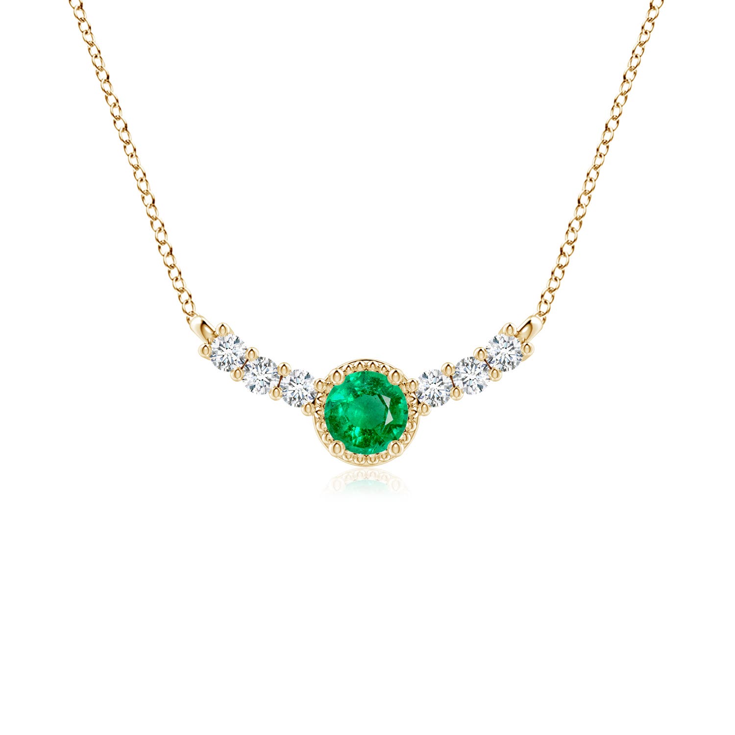4mm AAA Vintage Inspired Emerald and Diamond Curved Bar Pendant in 18CT Yellow Gold