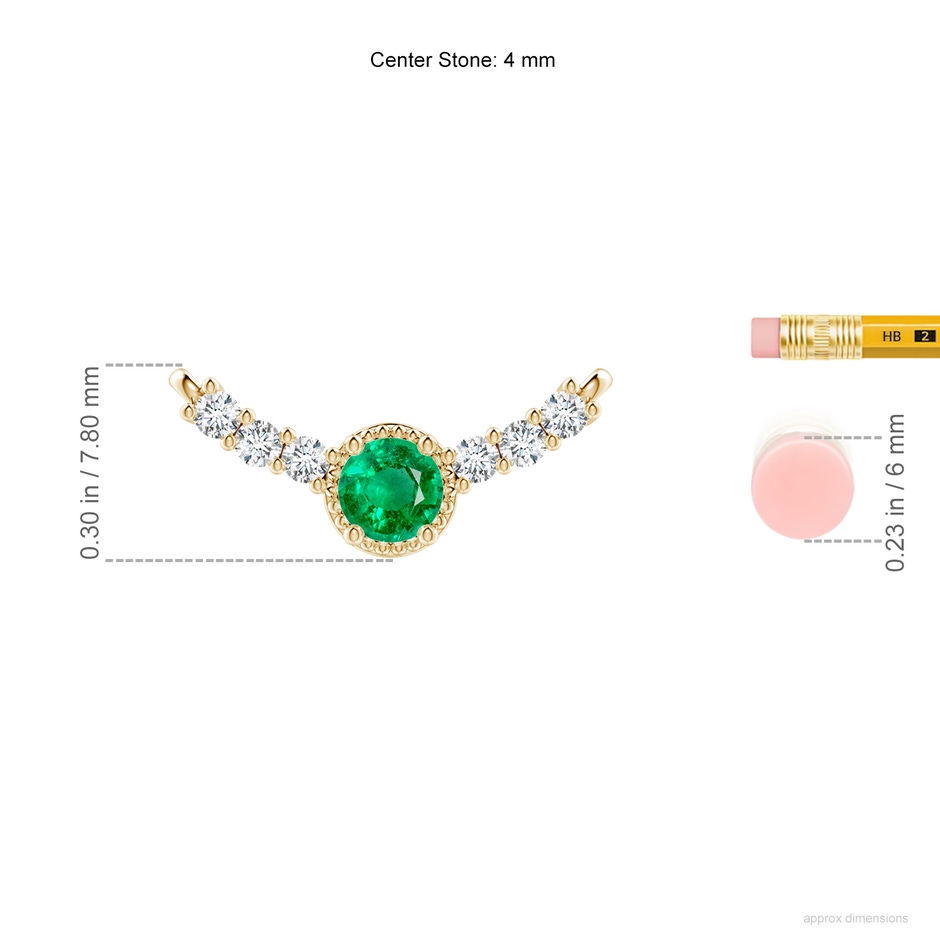 4mm AAA Vintage Inspired Emerald and Diamond Curved Bar Pendant in 18K Yellow Gold ruler