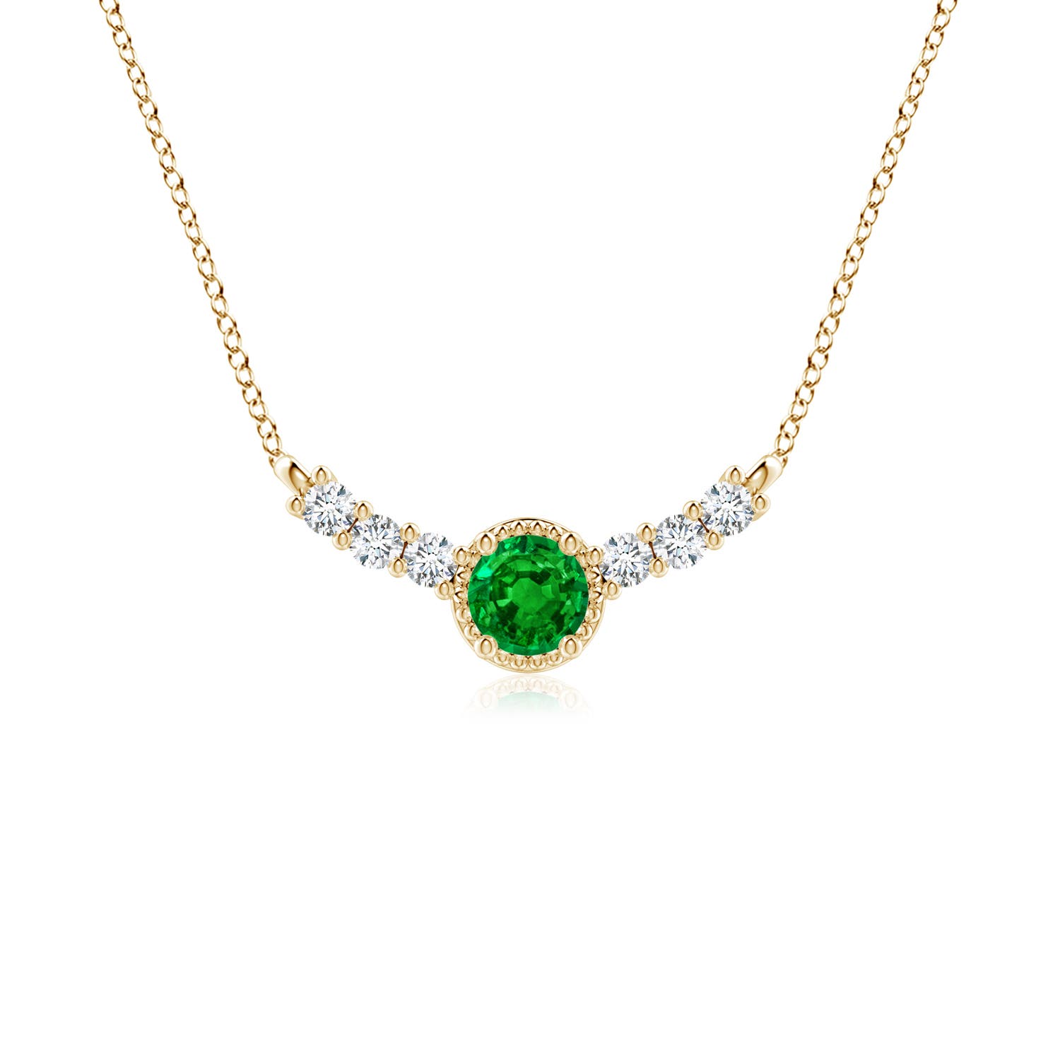 4mm AAAA Vintage Inspired Emerald and Diamond Curved Bar Pendant in Yellow Gold