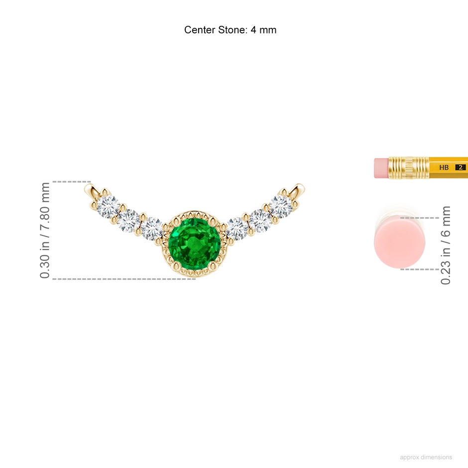 4mm AAAA Vintage Inspired Emerald and Diamond Curved Bar Pendant in Yellow Gold ruler