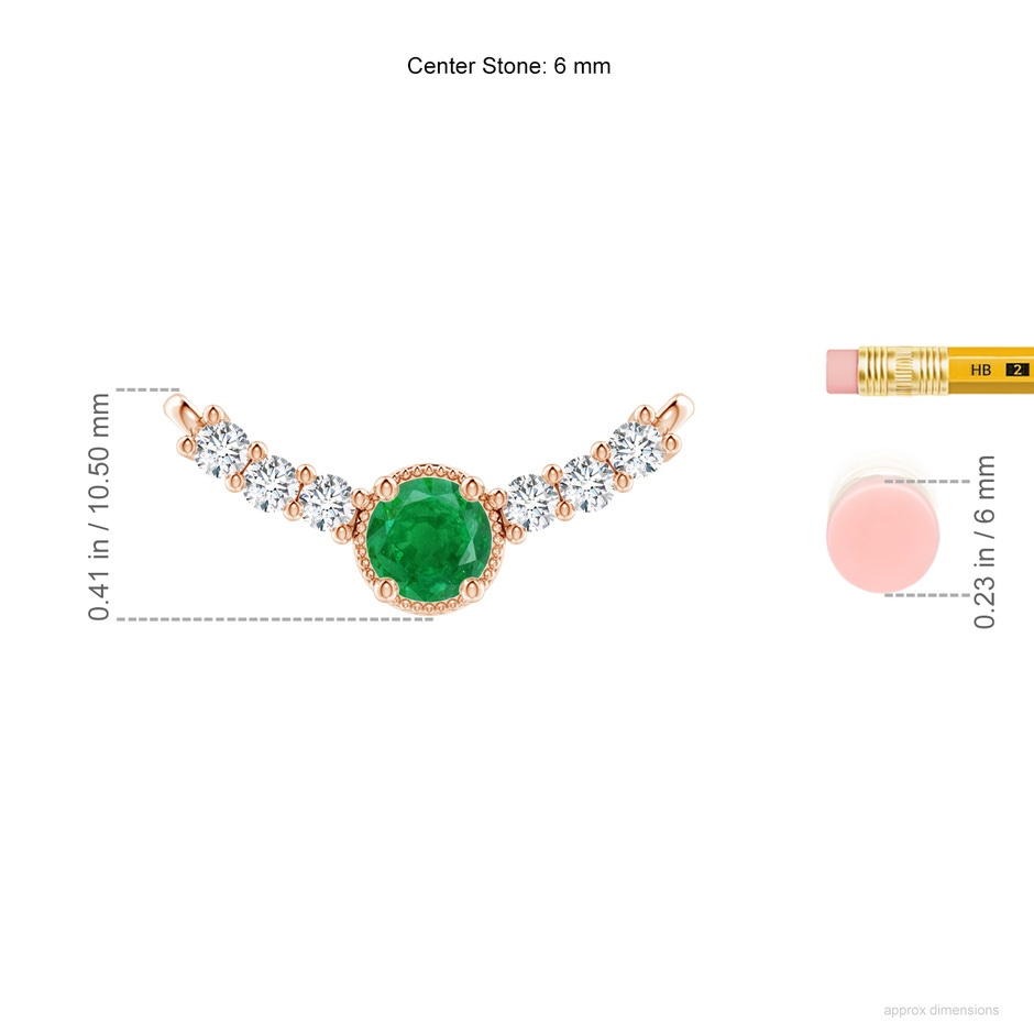 6mm AA Vintage Inspired Emerald and Diamond Curved Bar Pendant in Rose Gold ruler