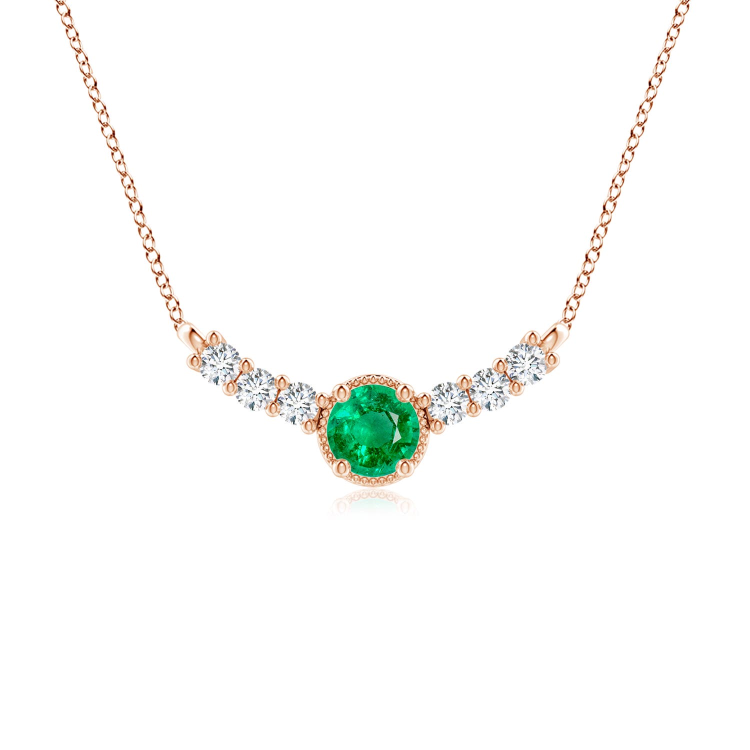 6mm AAA Vintage Inspired Emerald and Diamond Curved Bar Pendant in 18K Rose Gold