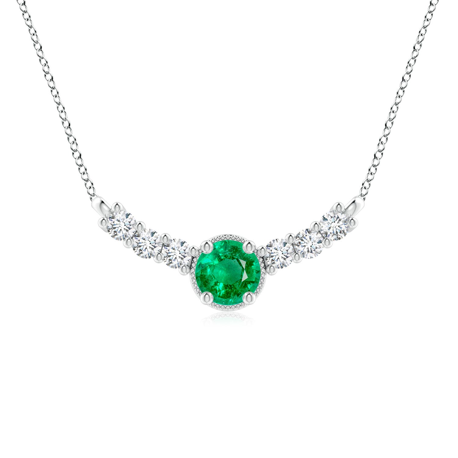 8mm AAA Vintage Inspired Emerald and Diamond Curved Bar Pendant in 18K White Gold