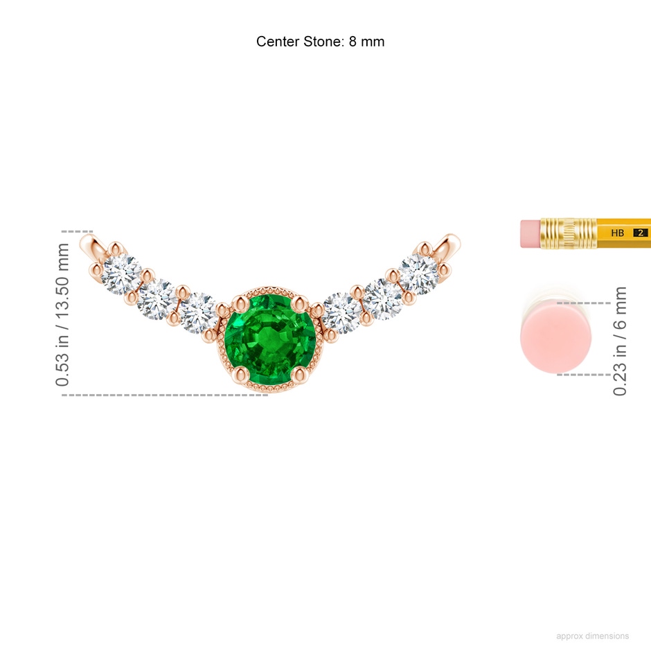 8mm AAAA Vintage Inspired Emerald and Diamond Curved Bar Pendant in Rose Gold ruler