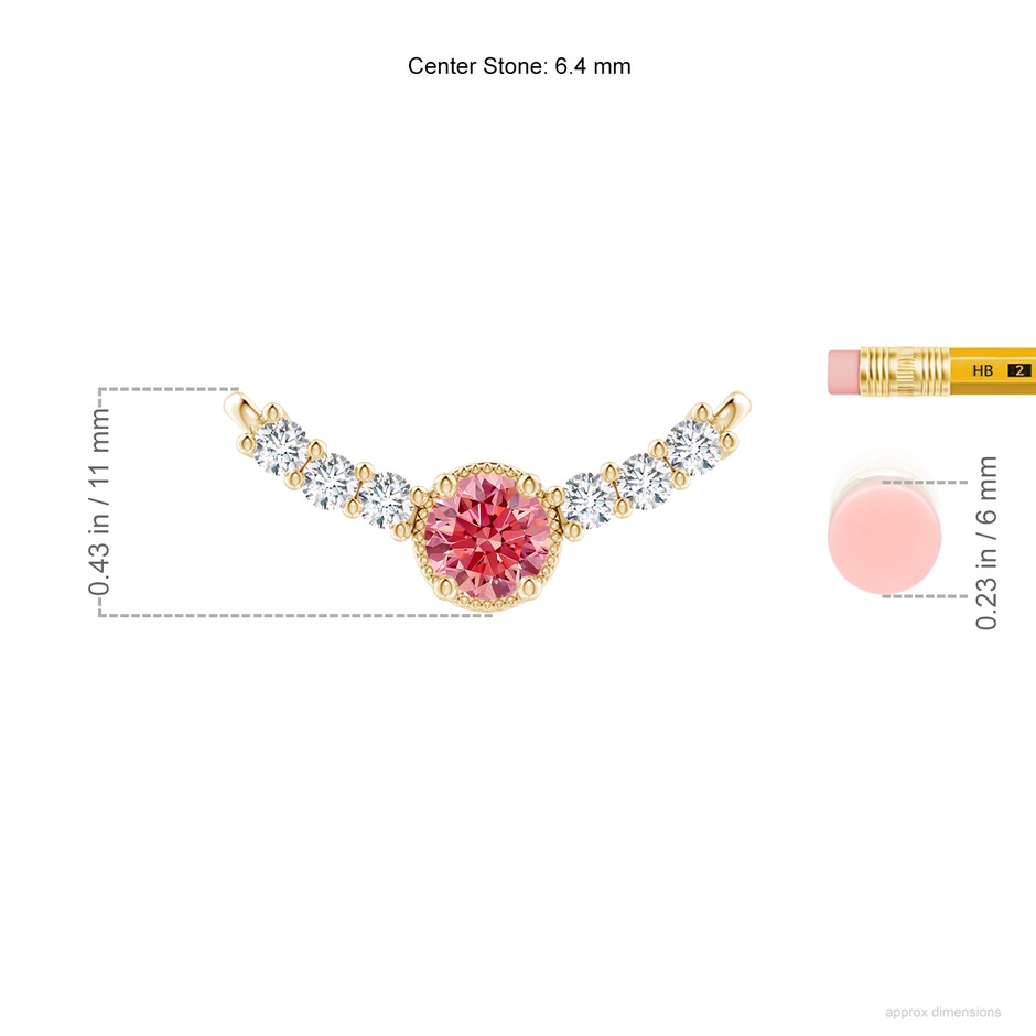 6.4mm AAAA Vintage Inspired Fancy Intense Pink and White Diamond Curved Bar Pendant in Yellow Gold ruler